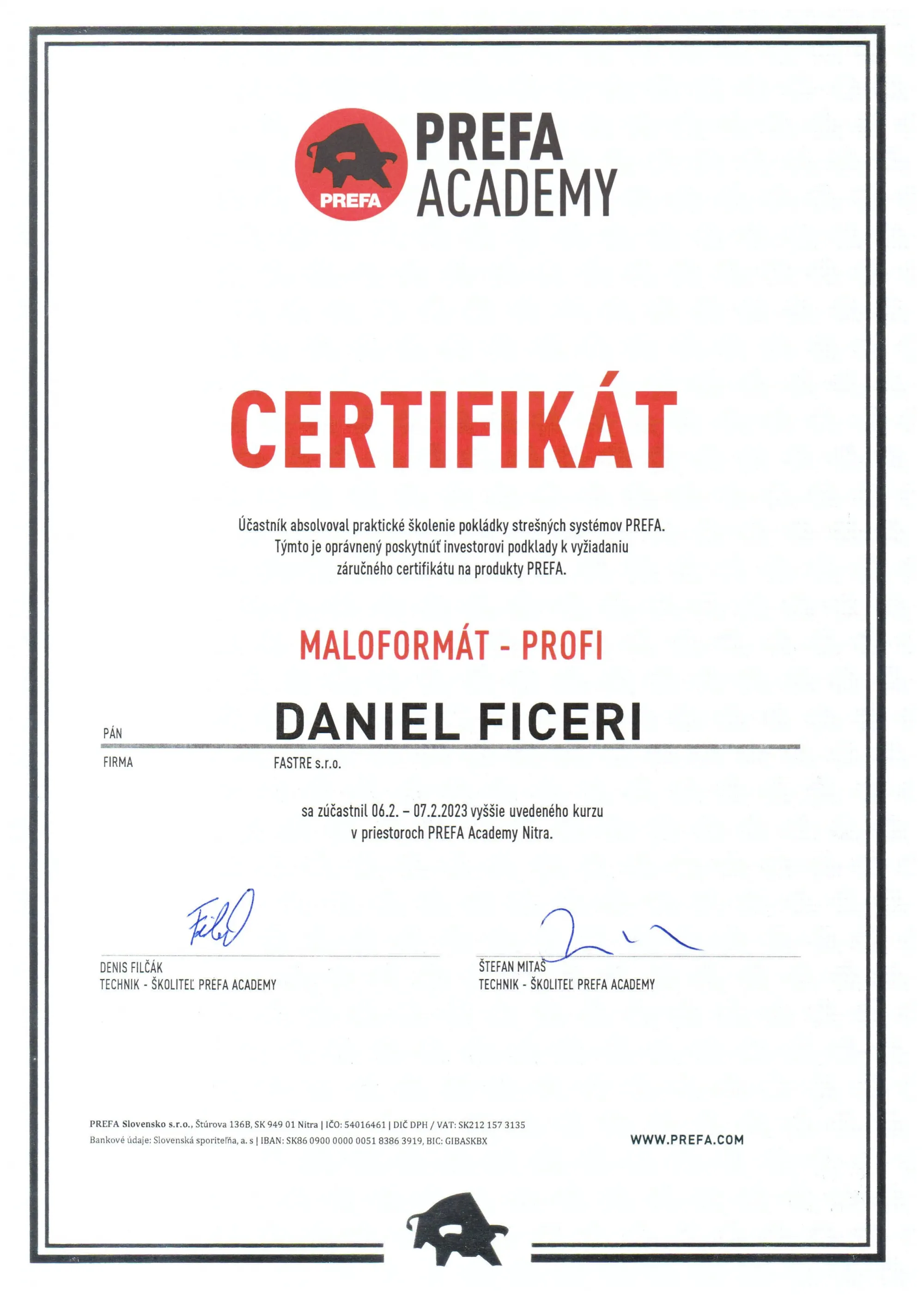 Certifikát Prefa maloformat Daniel Ciferi